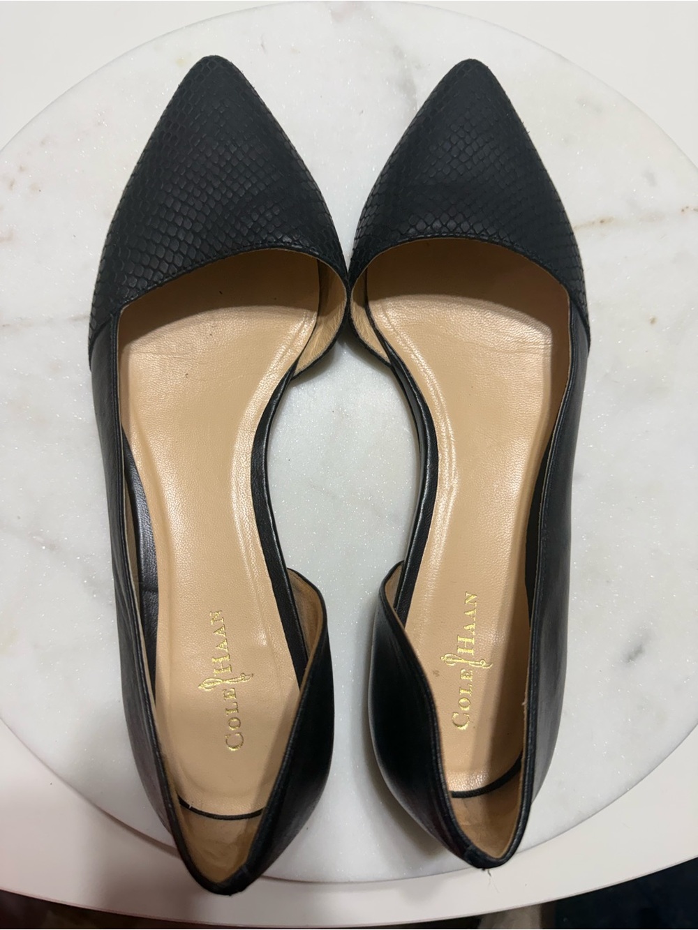Cole Haan Black Pointed-Toe D'Orsay Flats with Textured Upper